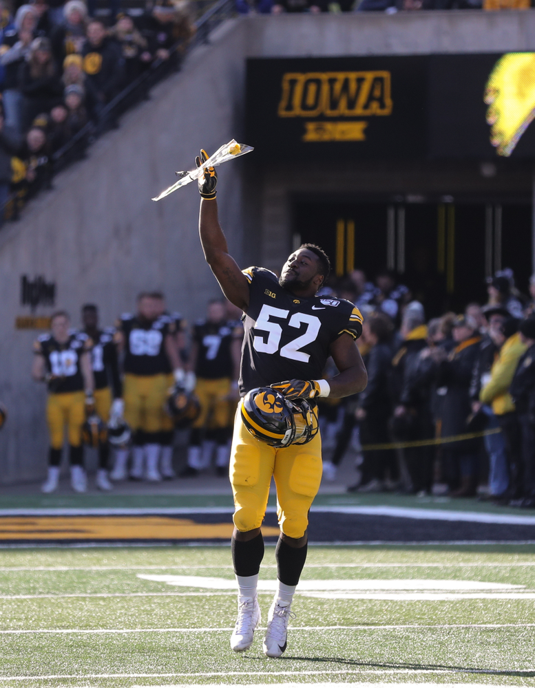 Iowa Hawkeyes linebacker Amani Jones (52) during Senior Day festivities before their game against the Illinois Fighting Illini Saturday, November 23, 2019 at Kinnick Stadium. (Brian Ray/hawkeyesports.com)