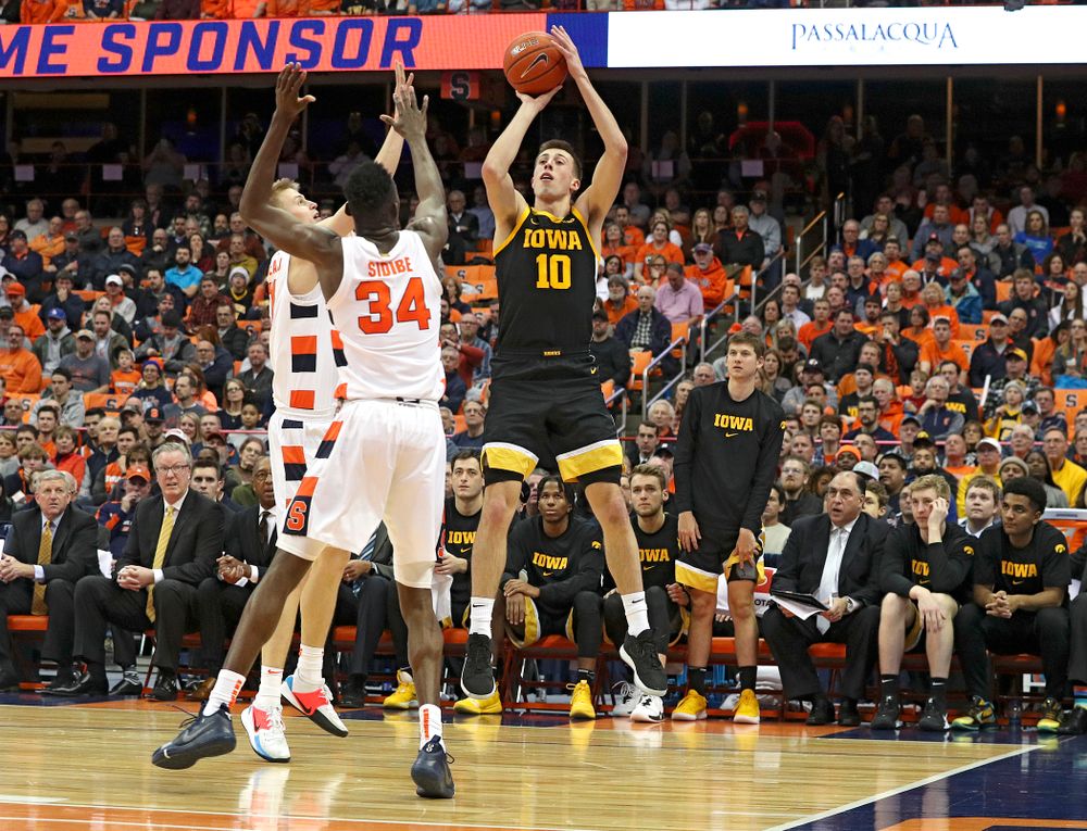 Iowa Hawkeyes guard Joe Wieskamp (10) makes a basket during the second half of their ACC/Big Ten Challenge game at the Carrier Dome in Syracuse, N.Y. on Tuesday, Dec 3, 2019. (Stephen Mally/hawkeyesports.com)