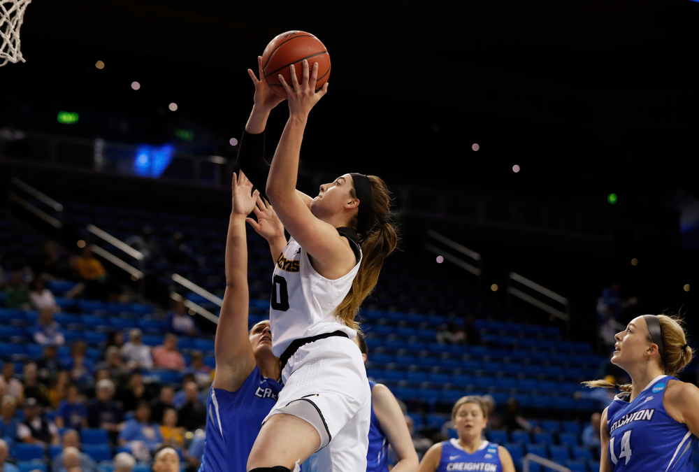 Iowa Hawkeyes forward Megan Gustafson (10) goes to the hoop against the Creighton Bluejays in the first round of the 2018 NCAA Women's Basketball Tournament Saturday, March 17, 2018 at Pauley Pavilion on the campus of UCLA. (Brian Ray/hawkeyesports.com)