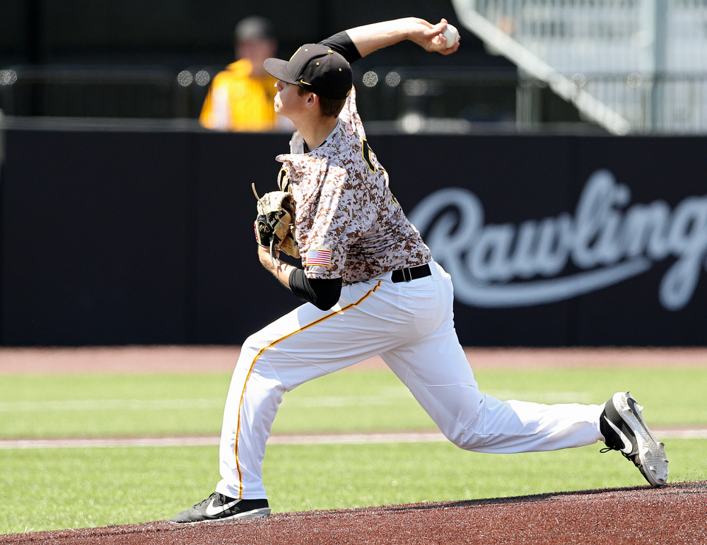 Iowa Hawkeyes pitcher Grant Judkins (7) delivers to the plate for a strikeout during the second inning of their game against UC Irvine at Duane Banks Field in Iowa City on Sunday, May. 5, 2019. (Stephen Mally/hawkeyesports.com)