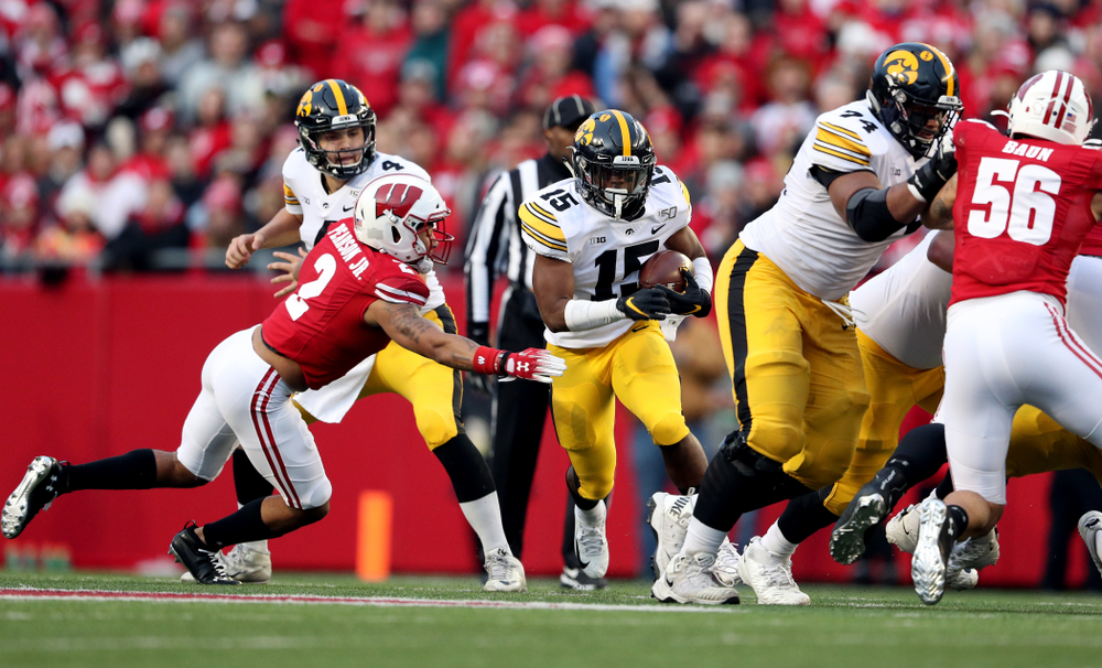 Iowa Hawkeyes running back Tyler Goodson (15) against the Wisconsin Badgers Saturday, November 9, 2019 at Camp Randall Stadium in Madison, Wisc. (Brian Ray/hawkeyesports.com)