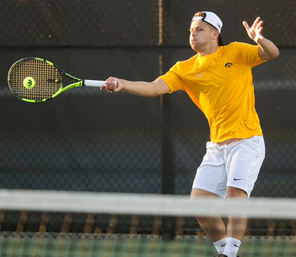 Iowa's Will Davies during his match again Michigan State at the Hawkeye Tennis and Recreation Complex in Iowa City on Friday, Apr. 19, 2019. (Stephen Mally/hawkeyesports.com)