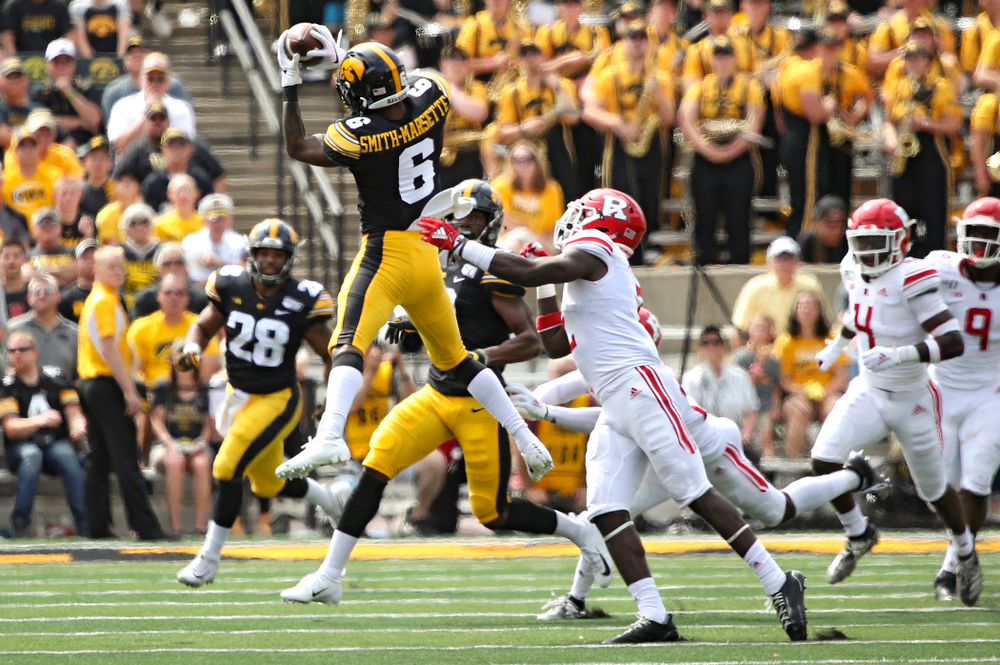 Iowa Hawkeyes wide receiver Ihmir Smith-Marsette (6) pulls in a pass during the second quarter of their Big Ten Conference football game at Kinnick Stadium in Iowa City on Saturday, Sep 7, 2019. (Stephen Mally/hawkeyesports.com)