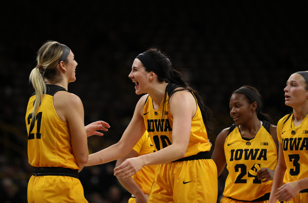 Iowa Hawkeyes forward Megan Gustafson (10) and forward Hannah Stewart (21) against the Robert Morris Colonials Sunday, December 2, 2018 at Carver-Hawkeye Arena. (Brian Ray/hawkeyesports.com)