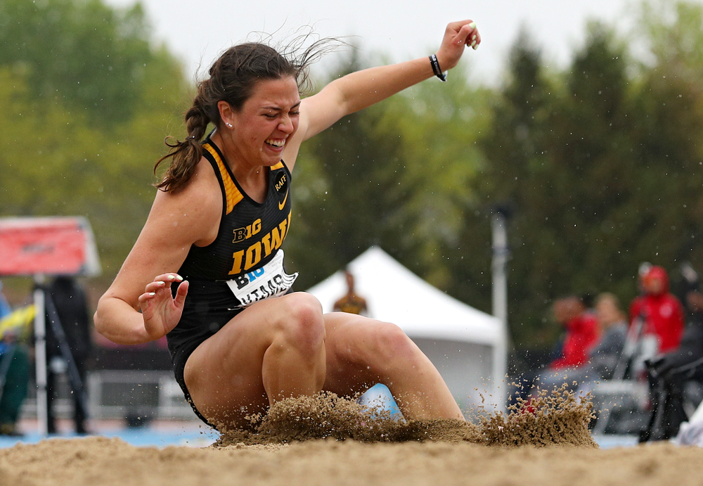 Iowa's Jenny Kimbro jumps in the women’s long jump in the heptathlon event on the second day of the Big Ten Outdoor Track and Field Championships at Francis X. Cretzmeyer Track in Iowa City on Saturday, May. 11, 2019. (Stephen Mally/hawkeyesports.com)