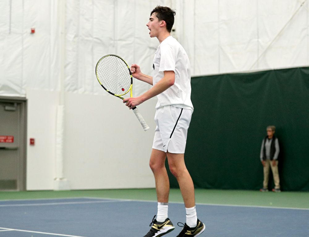 Iowa’s Matt Clegg celebrates a point during his doubles match at the Hawkeye Tennis and Recreation Complex in Iowa City on Sunday, February 16, 2020. (Stephen Mally/hawkeyesports.com)