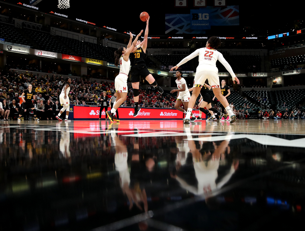 Iowa Hawkeyes forward Megan Gustafson (10) against the Maryland Terrapins in the Big Ten Championship Game Sunday, March 10, 2019 in Indianapolis, Ind. (Brian Ray/hawkeyesports.com)