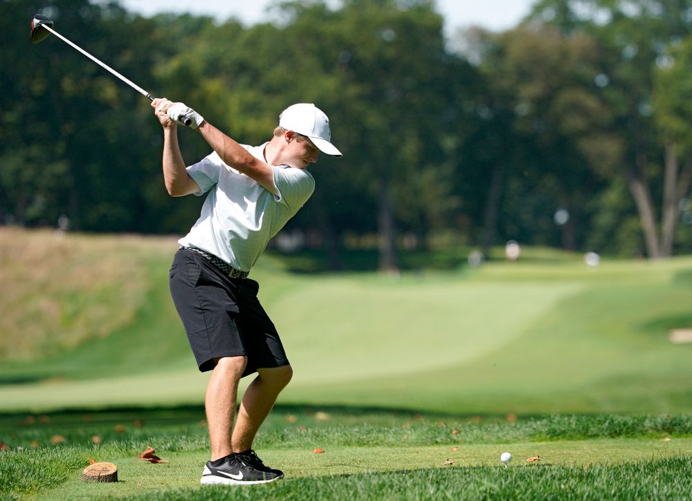 Iowa’s Matthew Garside tees off during the second day of the Golfweek Conference Challenge at the Cedar Rapids Country Club in Cedar Rapids on Monday, Sep 16, 2019. (Stephen Mally/hawkeyesports.com)