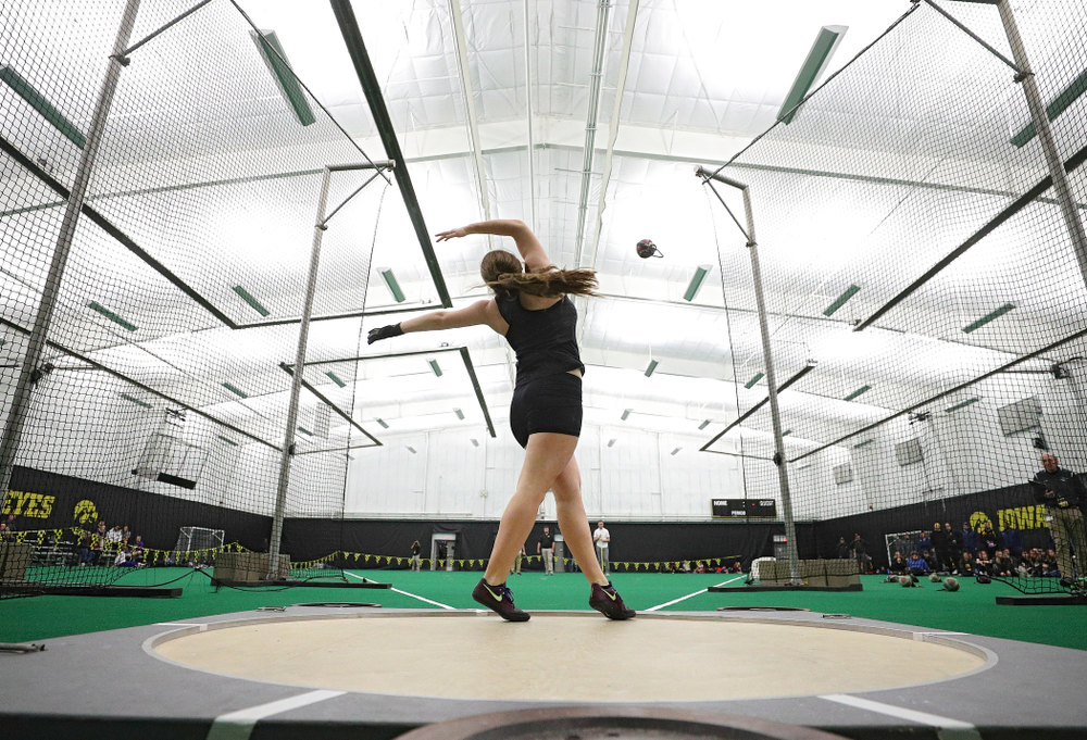 Iowa’s Amanda Howe throws in the women’s weight throw event during the Hawkeye Invitational at the Hawkeye Tennis and Recreation Complex in Iowa City on Friday, January 10, 2020. (Stephen Mally/hawkeyesports.com)