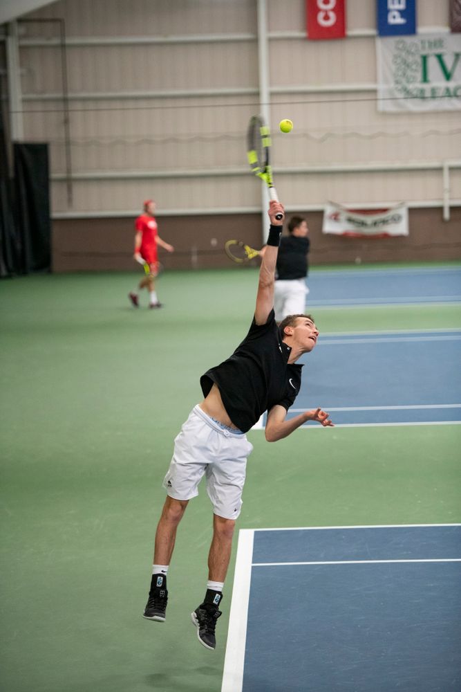 The Iowa men's tennis team competes against Cornell in The Rise Tennis Center in Ithaca, NY on Sunday, Feb. 24, 2019.