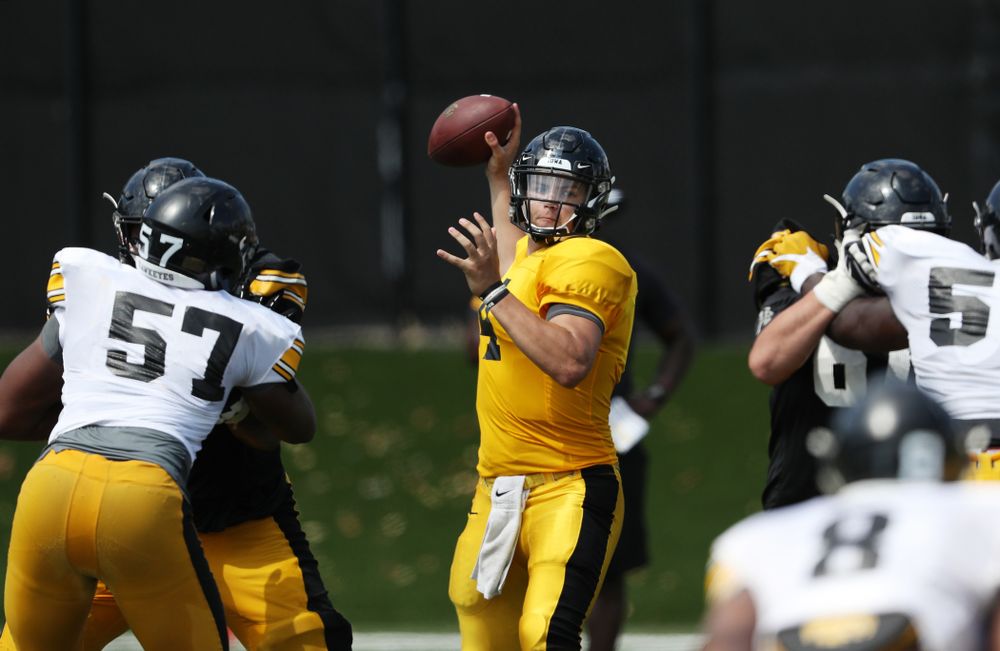 Iowa Hawkeyes quarterback Nate Stanley (4) during Fall Camp Practice No. 5 Tuesday, August 6, 2019 at the Ronald D. and Margaret L. Kenyon Football Practice Facility. (Brian Ray/hawkeyesports.com)