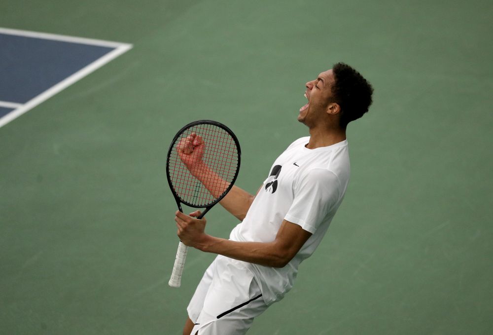 Iowa’s Oliver Okonkwo against Cornell Sunday, March 8, 2020 at the Hawkeye Tennis and Recreation Center. (Brian Ray/hawkeyesports.com)
