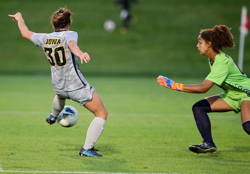 Iowa forward Devin Burns (30) scores a goal during the first half of their match at the Iowa Soccer Complex in Iowa City on Friday, Sep 13, 2019. (Stephen Mally/hawkeyesports.com)