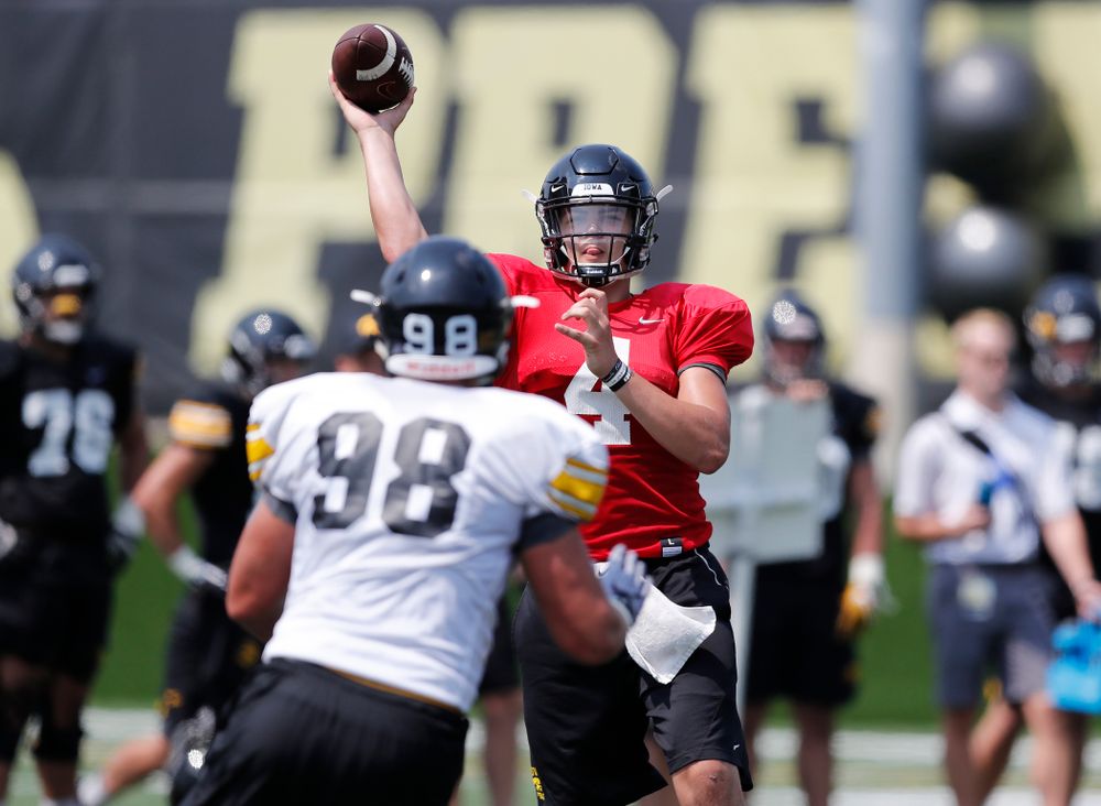 Iowa Hawkeyes quarterback Nathan Stanley (4) during fall camp practice No. 9 Friday, August 10, 2018 at the Kenyon Practice Facility. (Brian Ray/hawkeyesports.com)