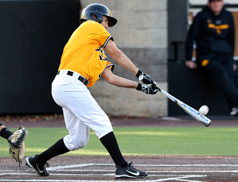Iowa outfielder Justin Jenkins (6) bats during the fourth inning of the first game of the Black and Gold Fall World Series at Duane Banks Field in Iowa City on Tuesday, Oct 15, 2019. (Stephen Mally/hawkeyesports.com)