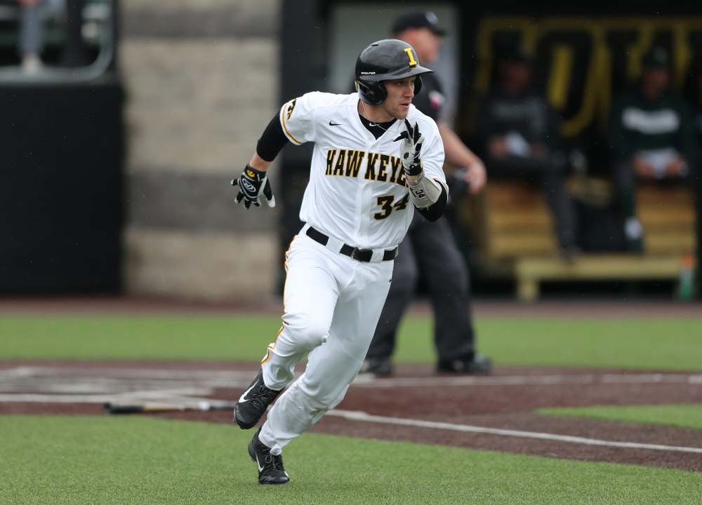 Iowa Hawkeyes catcher Austin Martin (34) against Michigan State Sunday, May 12, 2019 at Duane Banks Field. (Brian Ray/hawkeyesports.com)