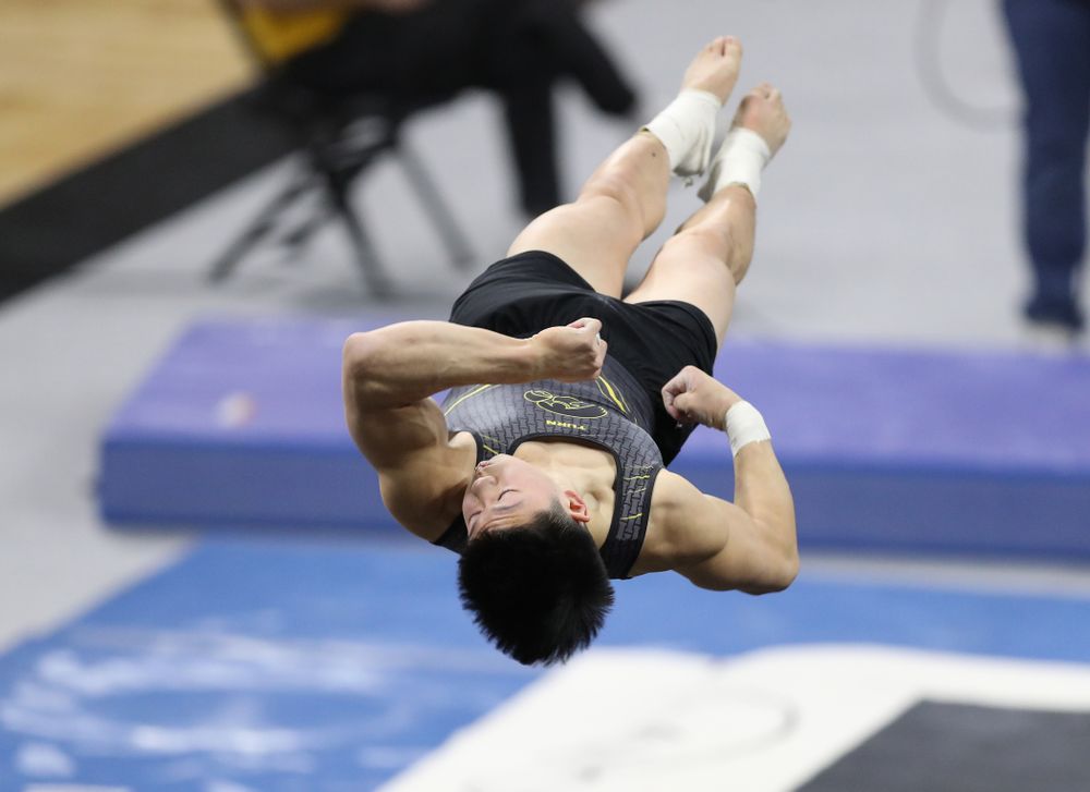 Iowa's Bennet Huang competes on the floor against Oklahoma Saturday, February 9, 2019 at Carver-Hawkeye Arena. (Brian Ray/hawkeyesports.com)