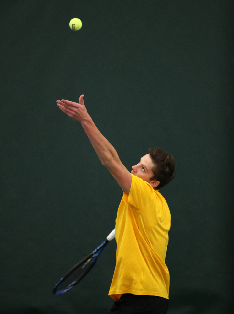 Joe Tyler against the Butler Bulldogs Sunday, January 27, 2019 at the Hawkeye Tennis and Recreation Complex. (Brian Ray/hawkeyesports.com)