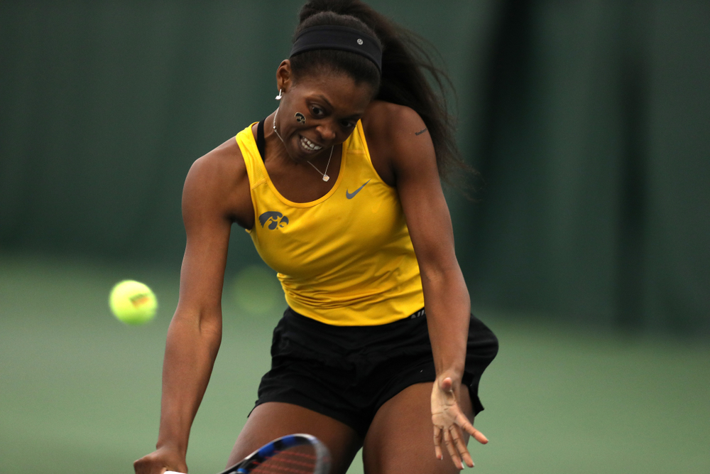 Iowa's Adorabol Huckleby against the Iowa State Cyclones Friday, February 8, 2019 at the Hawkeye Tennis and Recreation Complex. (Brian Ray/hawkeyesports.com)