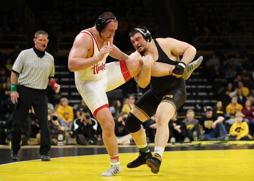 Iowa’s Tony Cassioppi wrestles Nebraska’s Christian Lance at heavyweight Saturday, January 18, 2020 at Carver-Hawkeye Arena. Cassioppi won the match 6-1. (Brian Ray/hawkeyesports.com)