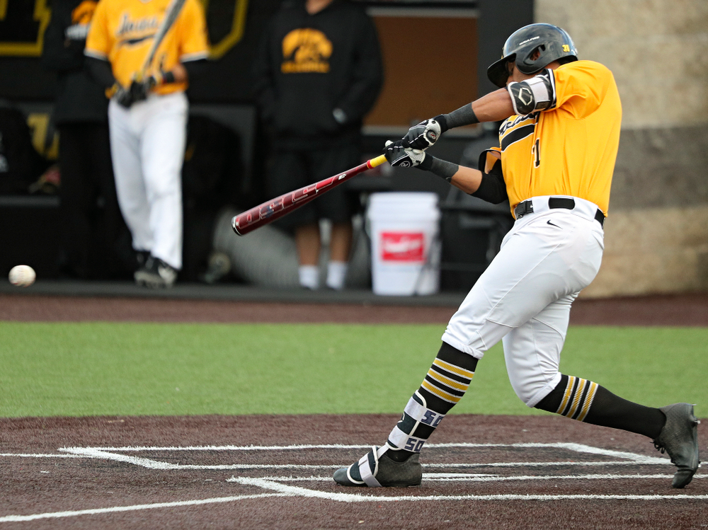 Iowa infielder Matthew Sosa (31) drives a pitch for a hit during the fifth inning of the first game of the Black and Gold Fall World Series at Duane Banks Field in Iowa City on Tuesday, Oct 15, 2019. (Stephen Mally/hawkeyesports.com)