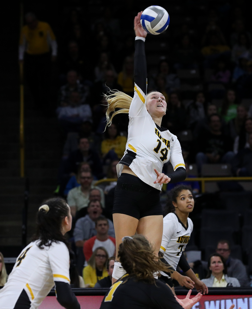 Iowa Hawkeyes outside hitter Cali Hoye (14) spikes the ball during a match against Penn State at Carver-Hawkeye Arena on November 3, 2018. (Tork Mason/hawkeyesports.com)