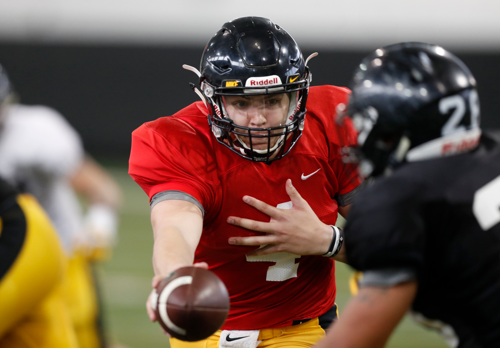Iowa Hawkeyes quarterback Nathan Stanley (4) during spring practice Thursday, March 29, 2018 at the Hansen Football Performance Center. (Brian Ray/hawkeyesports.com)