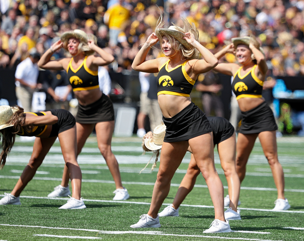 The Iowa Dance team performs during the third quarter of their Big Ten Conference football game at Kinnick Stadium in Iowa City on Saturday, Sep 7, 2019. (Stephen Mally/hawkeyesports.com)