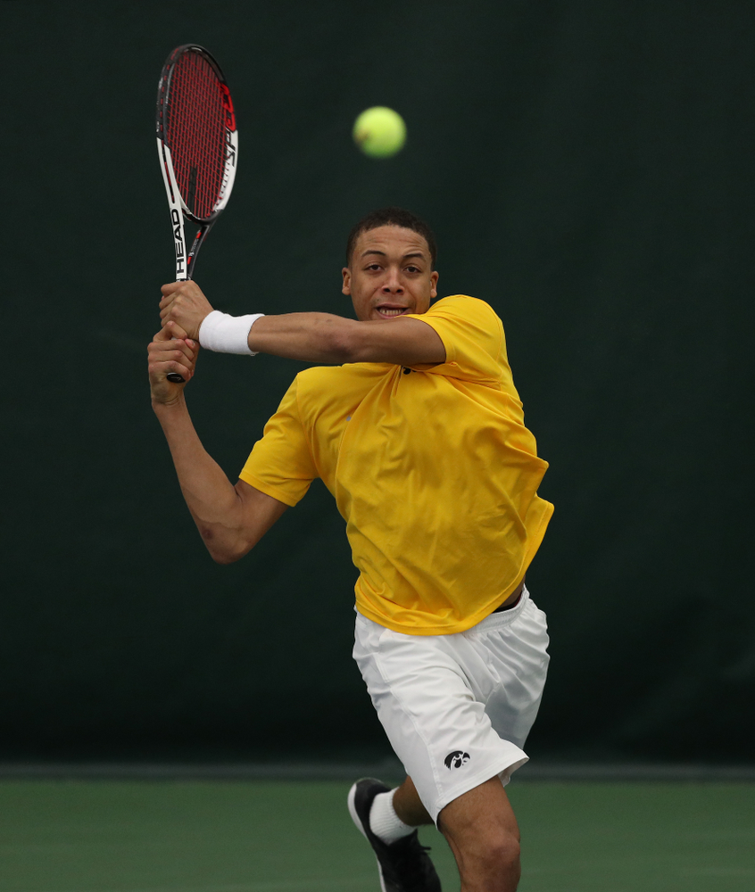 Oliver Okonkwo against Utah Sunday, February 10, 2019 at the Hawkeye Tennis and Recreation Complex. (Brian Ray/hawkeyesports.com)