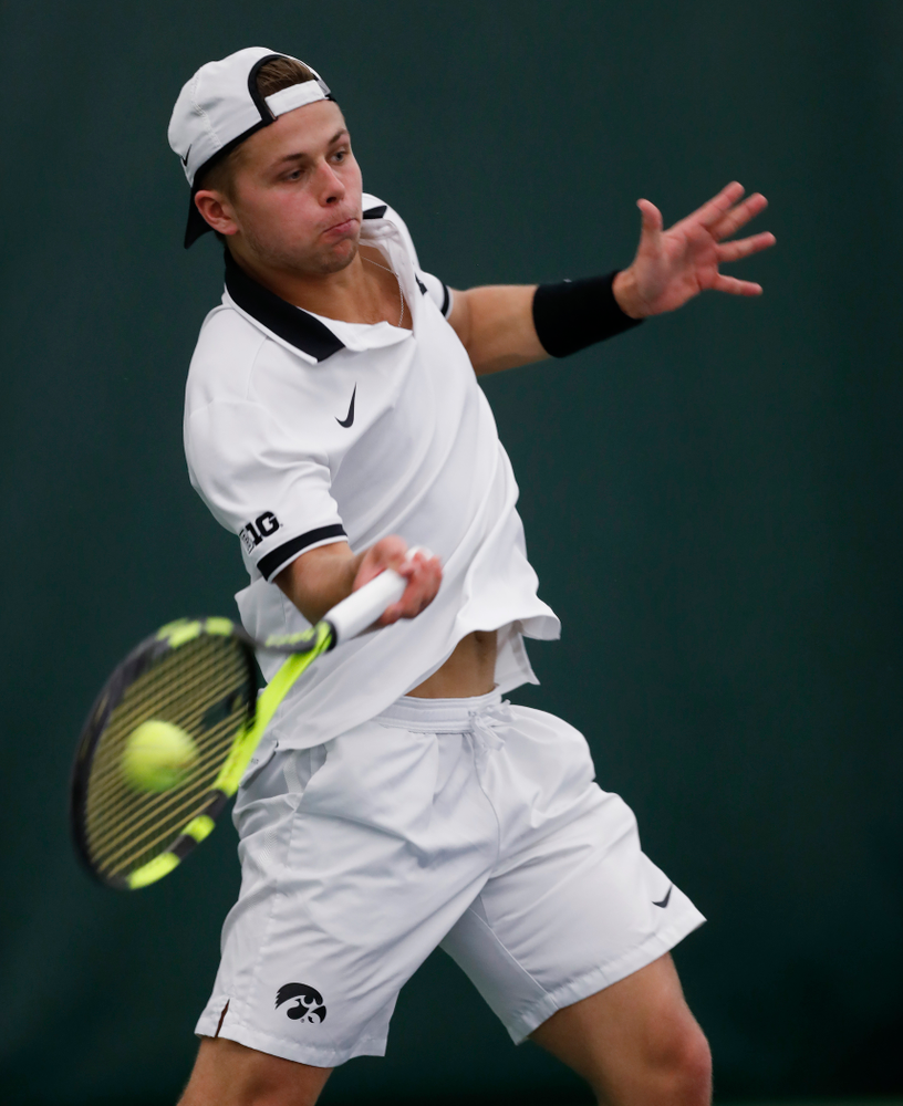 Will Davies against Purdue Sunday, April 15, 2018 at the Hawkeye Tennis and Recreation Center. (Brian Ray/hawkeyesports.com)