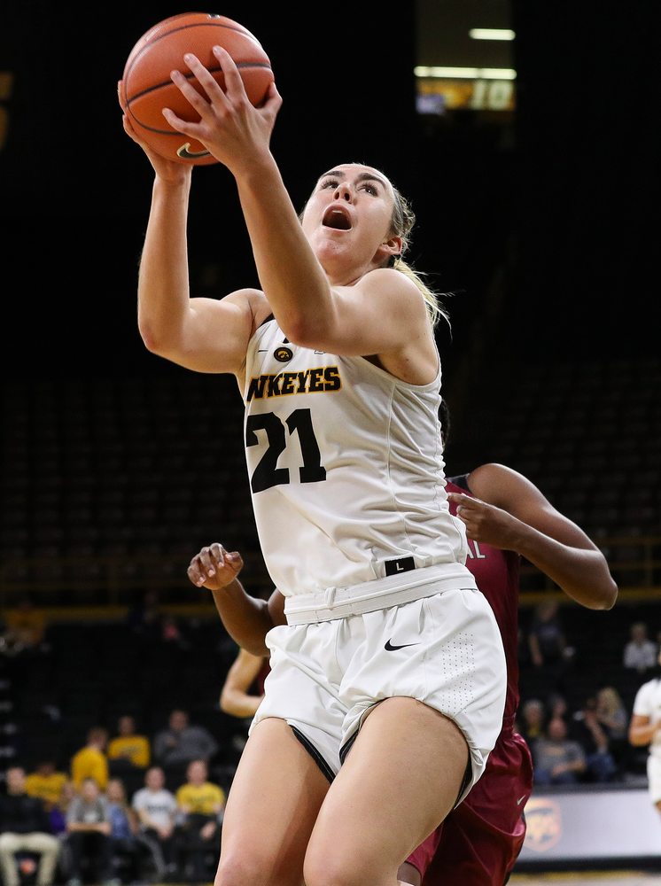 Iowa Hawkeyes forward Hannah Stewart (21) goes up for a shot during a game against North Carolina Central at Carver-Hawkeye Arena on November 17, 2018. (Tork Mason/hawkeyesports.com)