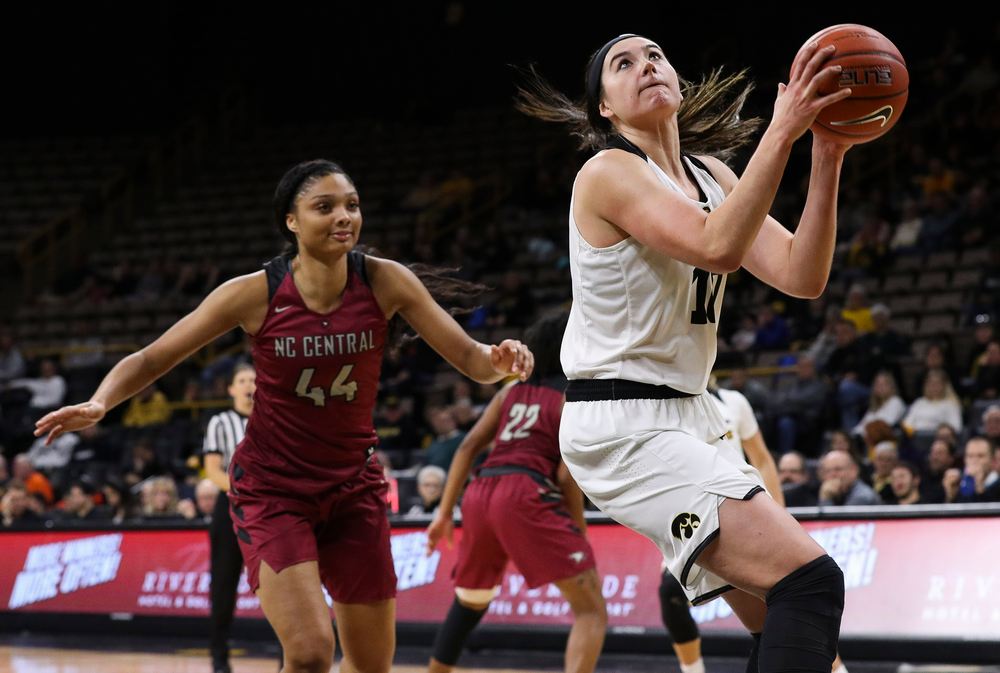 Iowa Hawkeyes forward Megan Gustafson (10) goes up for a layup during a game against North Carolina Central at Carver-Hawkeye Arena on November 17, 2018. (Tork Mason/hawkeyesports.com)