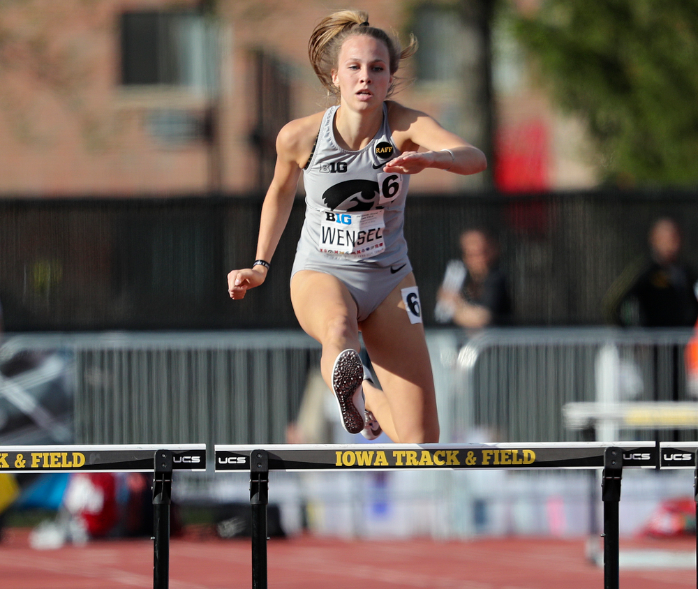 Iowa's Payton Wensel runs the women’s 400 meter hurdles event on the first day of the Big Ten Outdoor Track and Field Championships at Francis X. Cretzmeyer Track in Iowa City on Friday, May. 10, 2019. (Stephen Mally/hawkeyesports.com)
