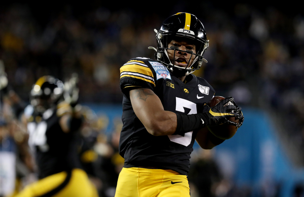 Iowa Hawkeyes wide receiver Tyrone Tracy Jr. (3) scores against USC in the Holiday Bowl Friday, December 27, 2019 at San Diego Community Credit Union Stadium. (Brian Ray/hawkeyesports.com)