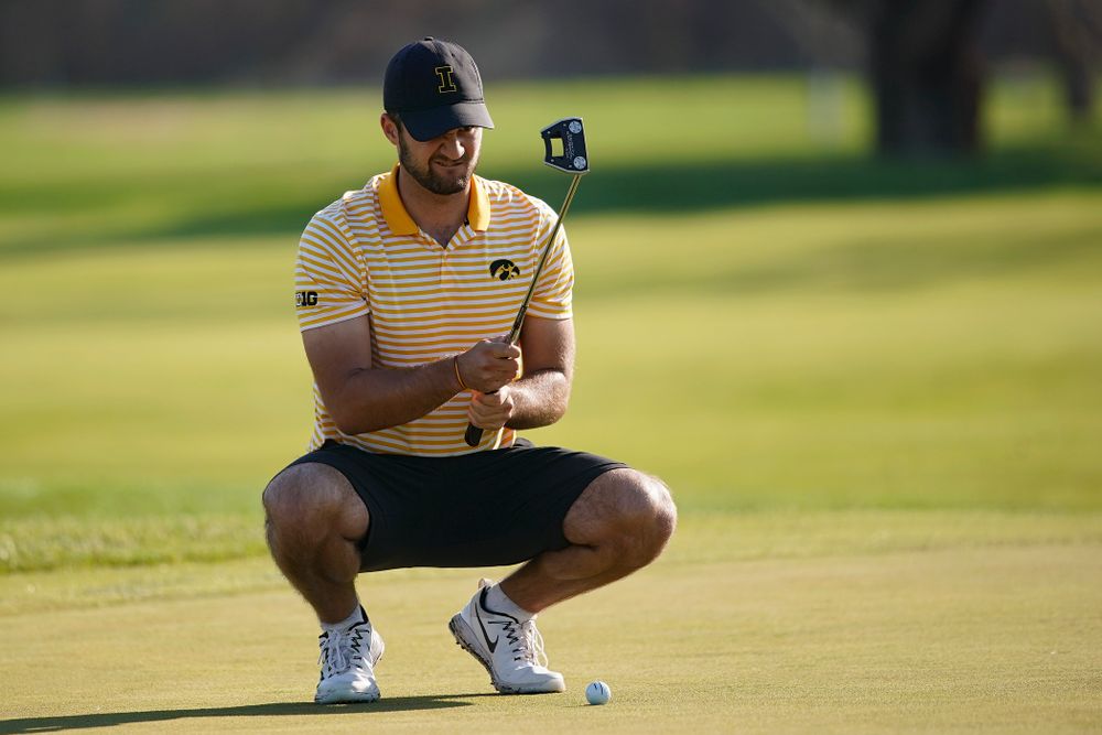 Iowa's Gonzalo Leal lines up a putt during the third round of the Hawkeye Invitational at Finkbine Golf Course in Iowa City on Sunday, Apr. 21, 2019. (Stephen Mally/hawkeyesports.com)