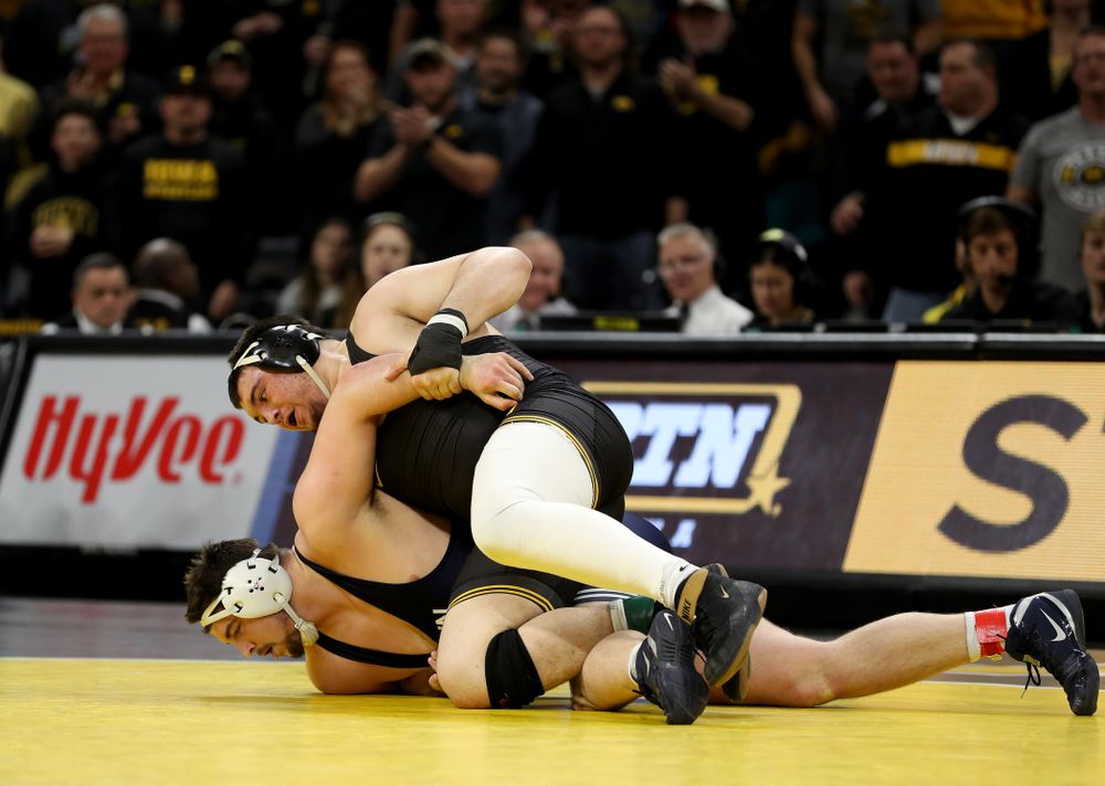 Iowa’s Tony Cassioppi wrestles Penn State’s Seth Nevills at heavyweight Friday, January 31, 2020 at Carver-Hawkeye Arena. Cassioppi won the match 6-0. (Brian Ray/hawkeyesports.com)