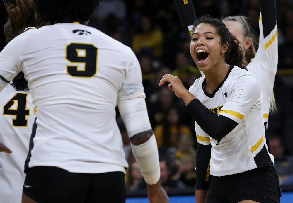 Iowa Hawkeyes setter Brie Orr (7) celebrates after winning a point during a match against Penn State at Carver-Hawkeye Arena on November 3, 2018. (Tork Mason/hawkeyesports.com)