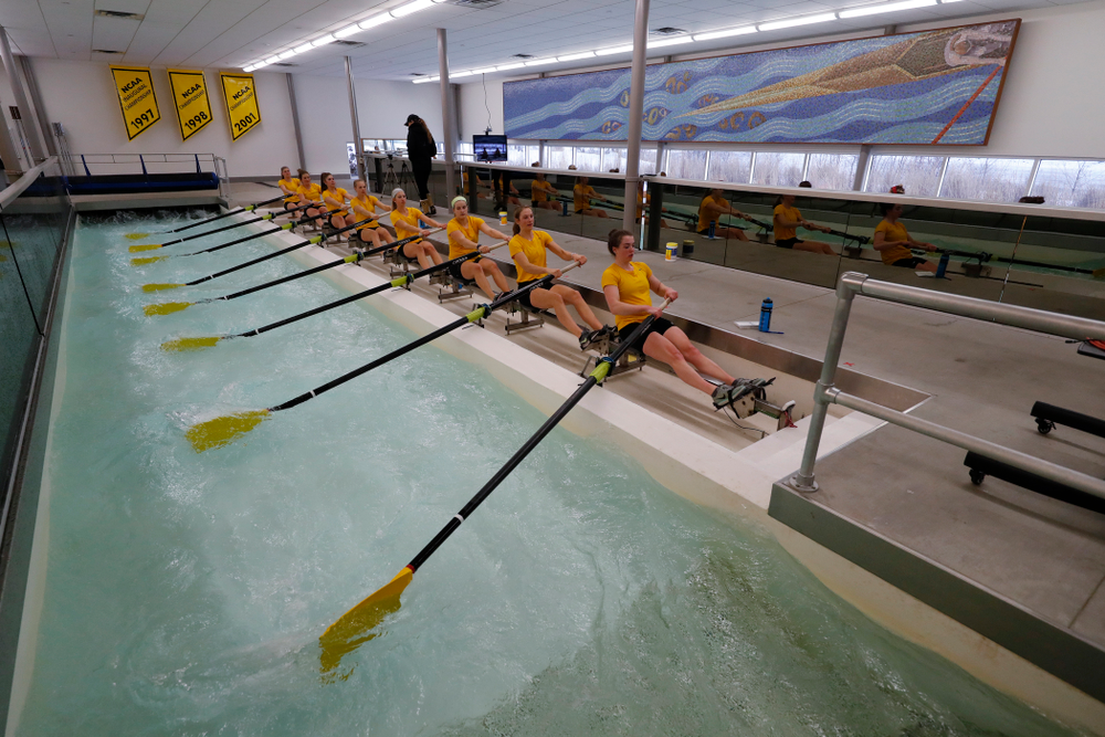 Members of the Iowa Rowing Team workout in the indoor rowing tank at the P. Sue Beckwith, M.D., Boathouse Monday, February 12, 2018 in Iowa City. (Brian Ray/hawkeyesports.com)