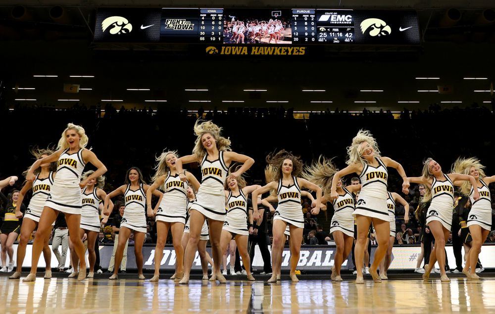 The Iowa Cheerleaders and Dance Team perform on senior night at half-time of the Iowa Hawkeyes game against the Purdue Boilermakers Tuesday, March 3, 2020 at Carver-Hawkeye Arena. (Brian Ray/hawkeyesports.com)