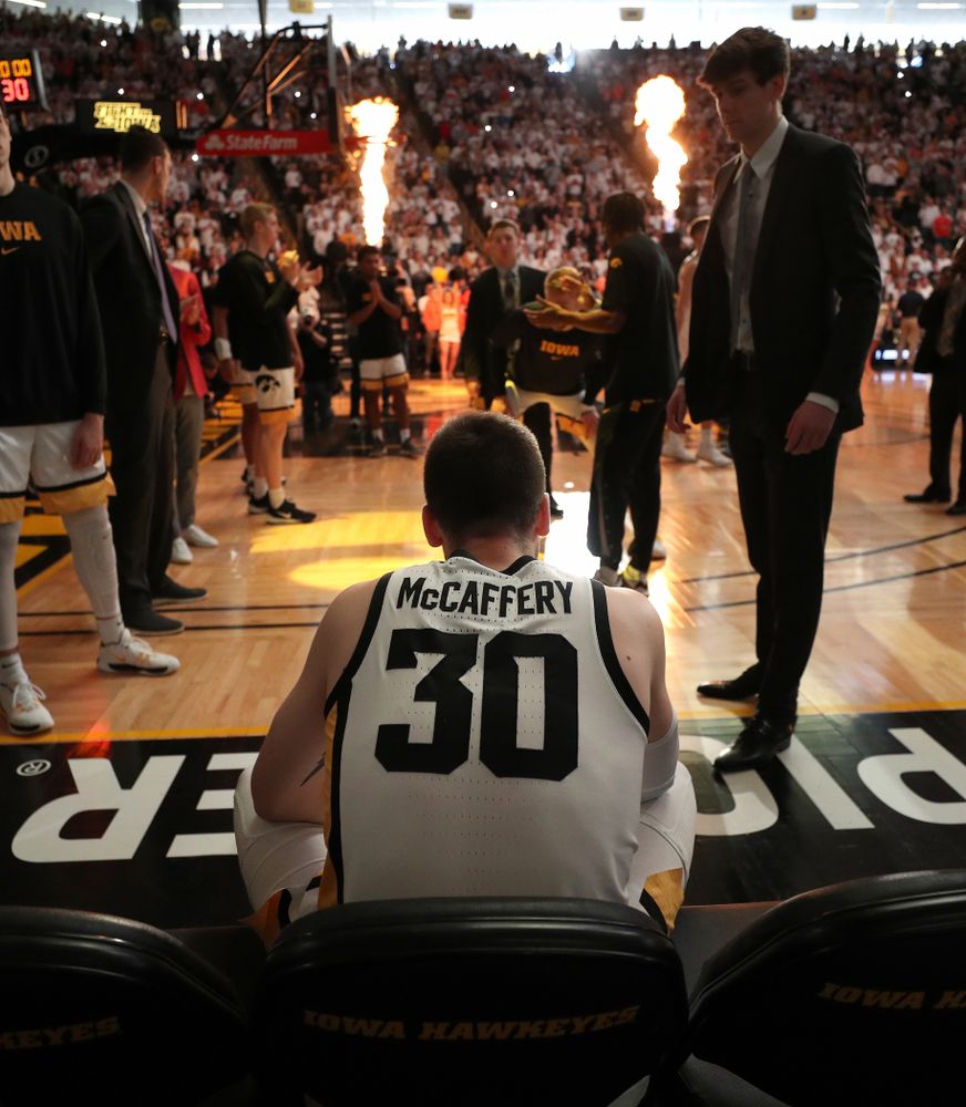 Iowa Hawkeyes guard Connor McCaffery (30) is introduced before their game against the Illinois Fighting Illini Sunday, February 2, 2020 at Carver-Hawkeye Arena. (Brian Ray/hawkeyesports.com)