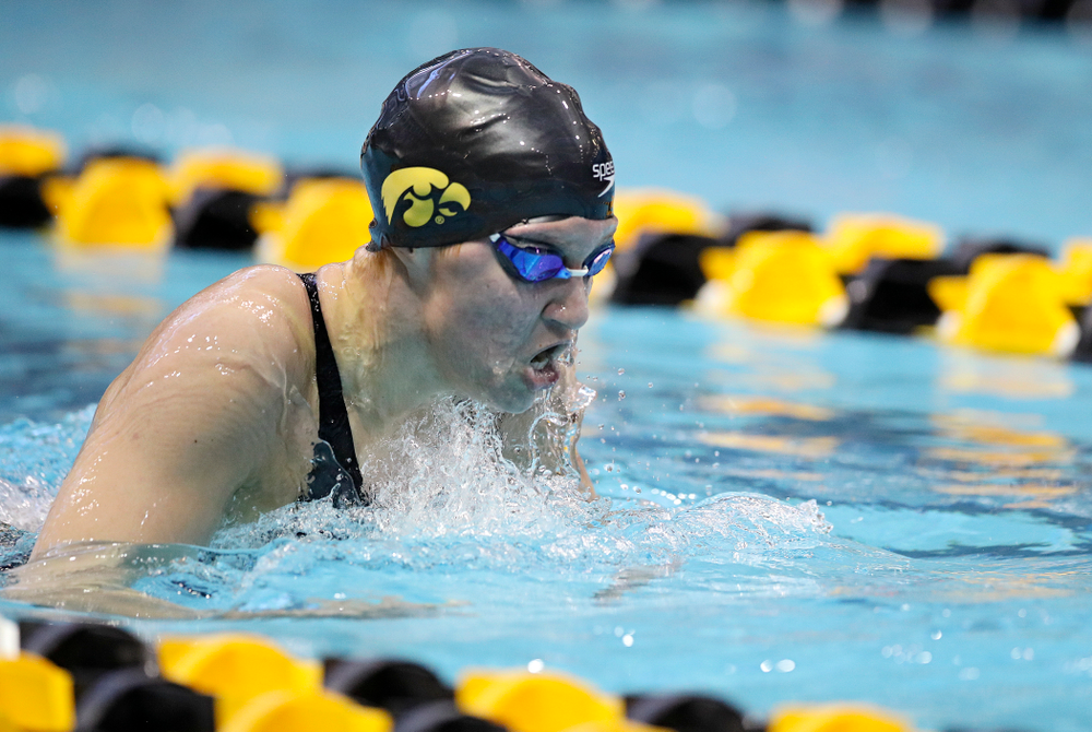 Iowa’s Sage Ohlensehlen swims in the women’s 200 yard breaststroke preliminary event during the 2020 Women’s Big Ten Swimming and Diving Championships at the Campus Recreation and Wellness Center in Iowa City on Saturday, February 22, 2020. (Stephen Mally/hawkeyesports.com)