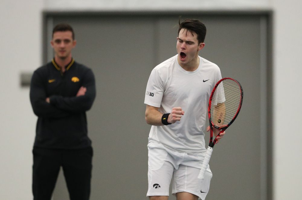 Iowa's Jonas Larsen against North Dakota Friday, January 25, 2019 at the Hawkeye Tennis and Recreation Complex. (Brian Ray/hawkeyesports.com)