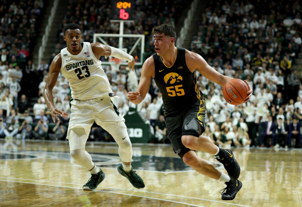 Iowa Hawkeyes forward Luka Garza (55) against Michigan State Tuesday, February 25, 2020 at the Breslin Center in East Lansing, MI. (Brian Ray/hawkeyesports.com)