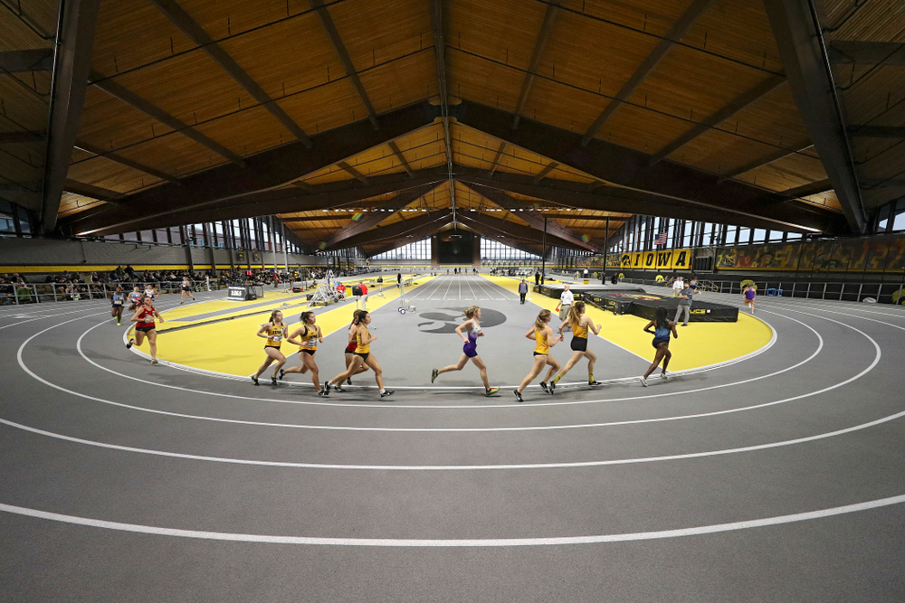 Iowa’s Gabby Skopec (from left), Maggie Gutwein, Wren Renquist, Emma Gordon, and Mary Arch run the women’s 3000 meter run event during the Hawkeye Invitational at the Recreation Building in Iowa City on Saturday, January 11, 2020. (Stephen Mally/hawkeyesports.com)