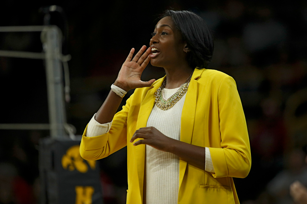 Iowa head coach Vicki Brown shouts to her team during the first set of their match against Nebraska at Carver-Hawkeye Arena in Iowa City on Saturday, Nov 9, 2019. (Stephen Mally/hawkeyesports.com)