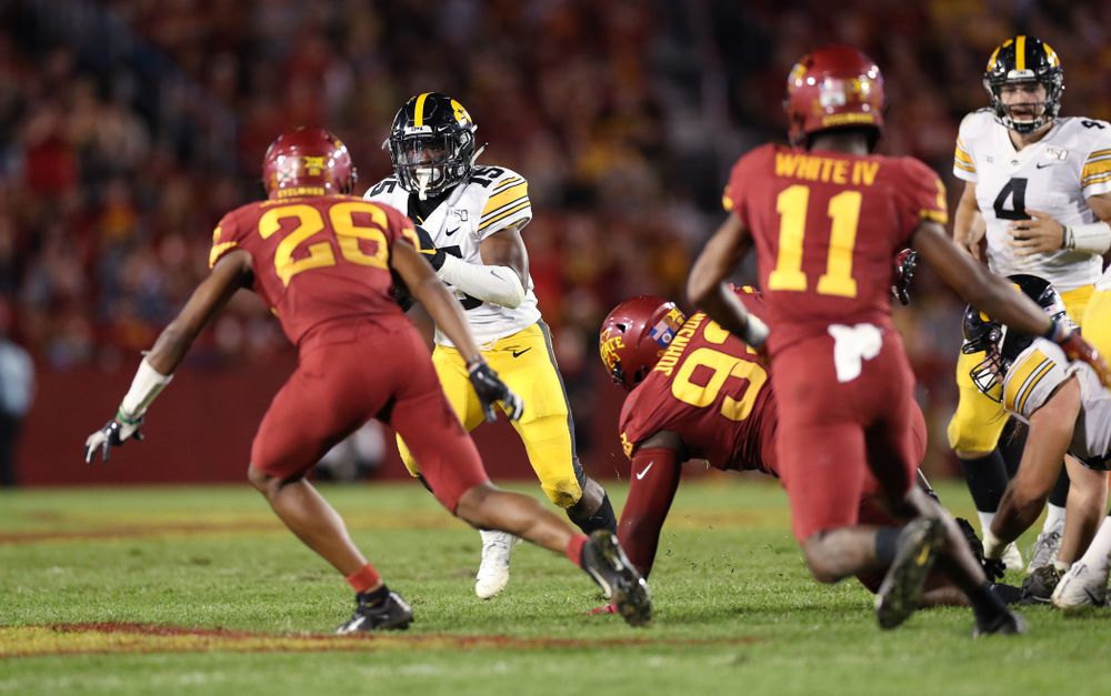 Iowa Hawkeyes running back Tyler Goodson (15) against the Iowa State Cyclones Saturday, September 14, 2019 in Ames, Iowa. (Brian Ray/hawkeyesports.com)