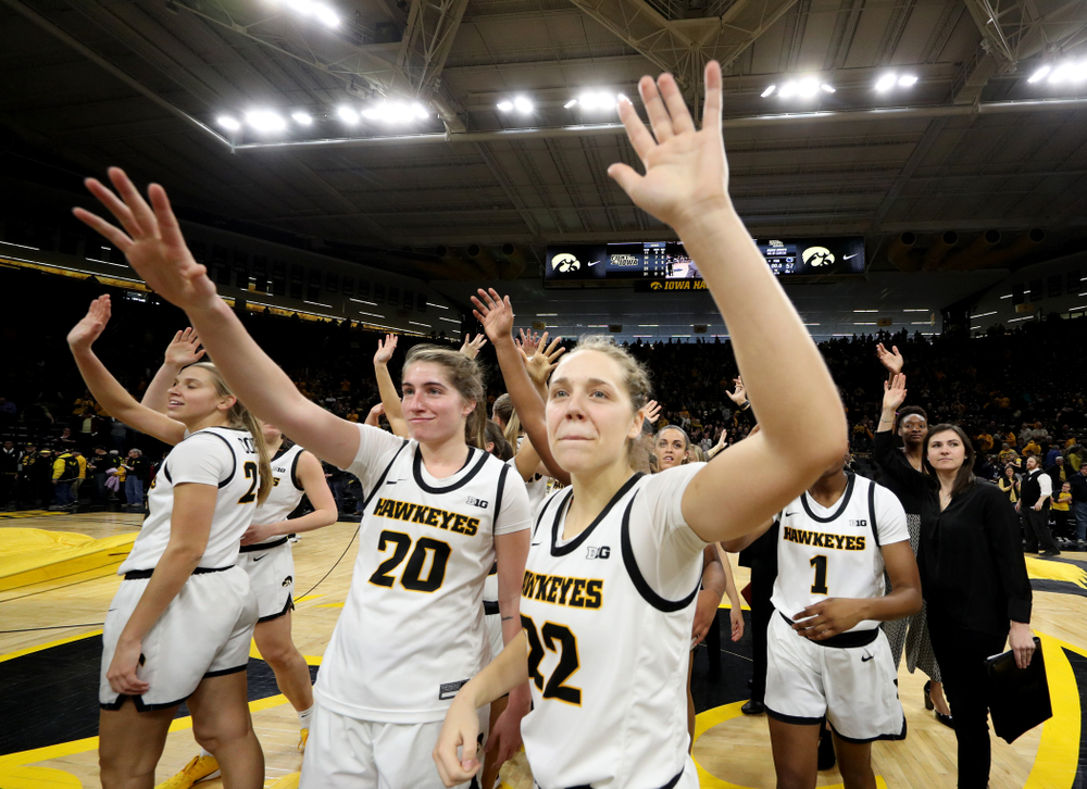 Iowa Hawkeyes guard Kate Martin (20) and guard Kathleen Doyle (22) against Penn State Saturday, February 22, 2020 at Carver-Hawkeye Arena. (Brian Ray/hawkeyesports.com)