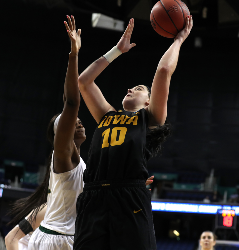 Iowa Hawkeyes forward Megan Gustafson (10) against the Baylor Lady Bears in the regional final of the 2019 NCAA Women's College Basketball Tournament Monday, April 1, 2019 at Greensboro Coliseum in Greensboro, NC.(Brian Ray/hawkeyesports.com)