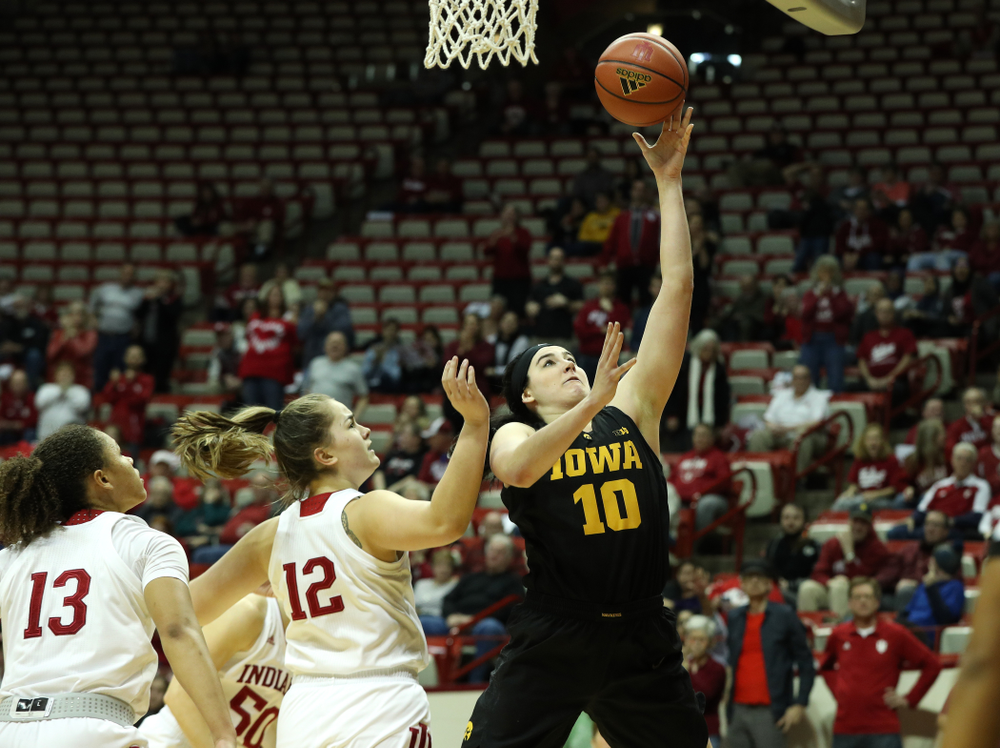 Iowa Hawkeyes forward Megan Gustafson (10) against the Indiana Hoosiers Thursday, February 21, 2019 at Simon Skjodt Assembly Hall. (Brian Ray/hawkeyesports.com)
