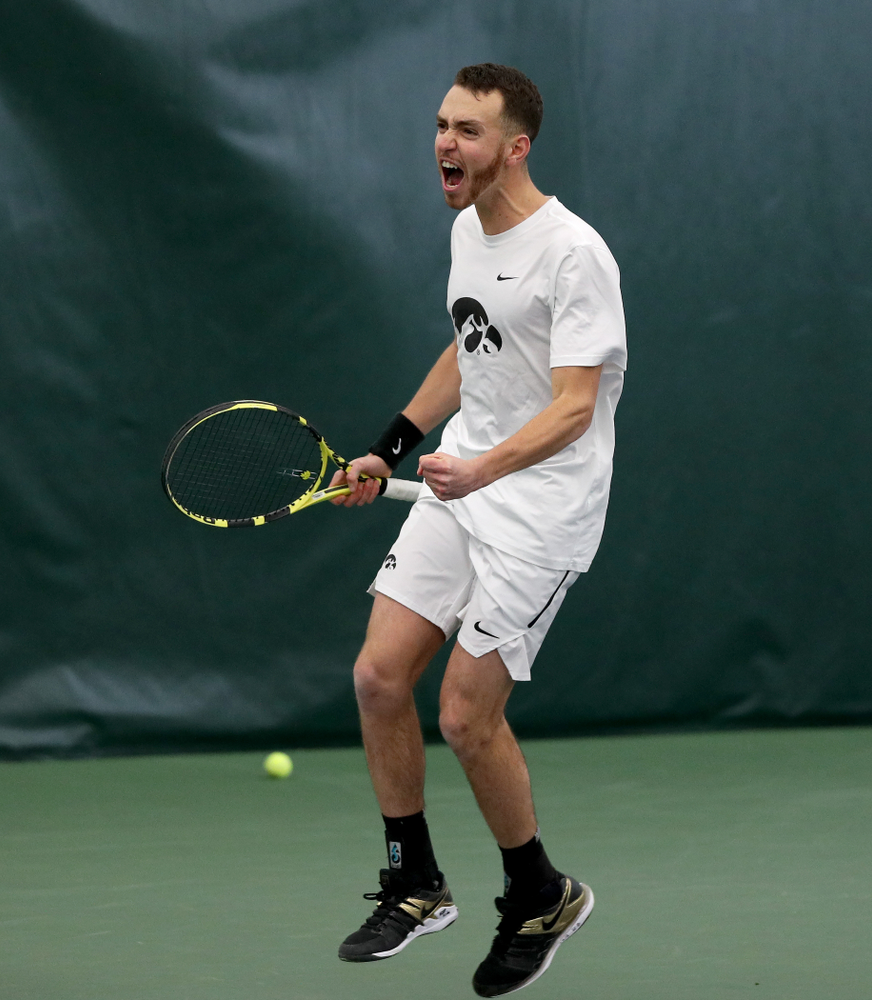 Iowa’s Karem Allaf and Nikita Snezhko play a doubles match against Cornell Sunday, March 8, 2020 at the Hawkeye Tennis and Recreation Center. (Brian Ray/hawkeyesports.com)